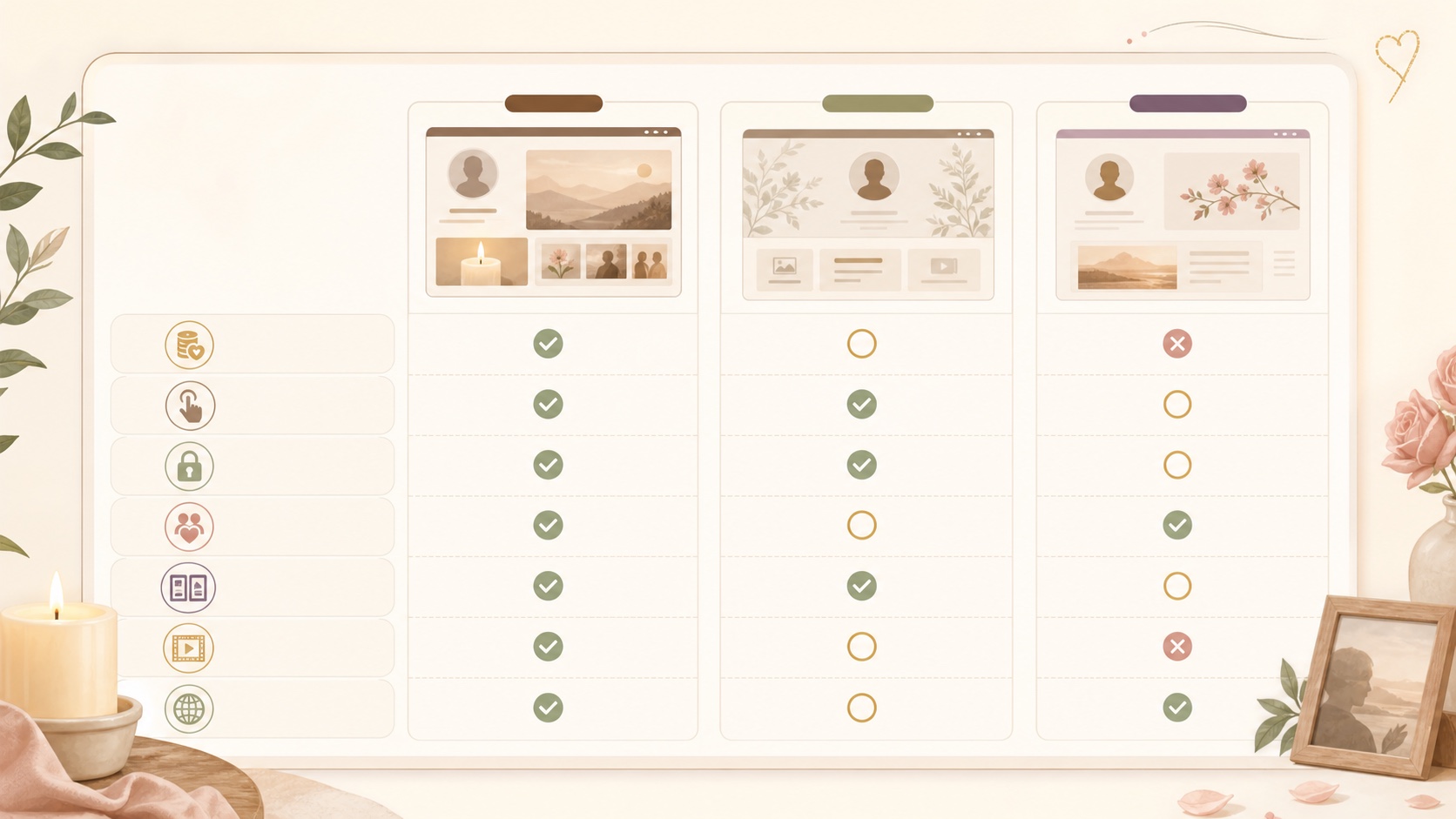 Online memorial website comparison framework with criteria for price, ease of use, privacy, family contributions, templates, slideshow video, and languages