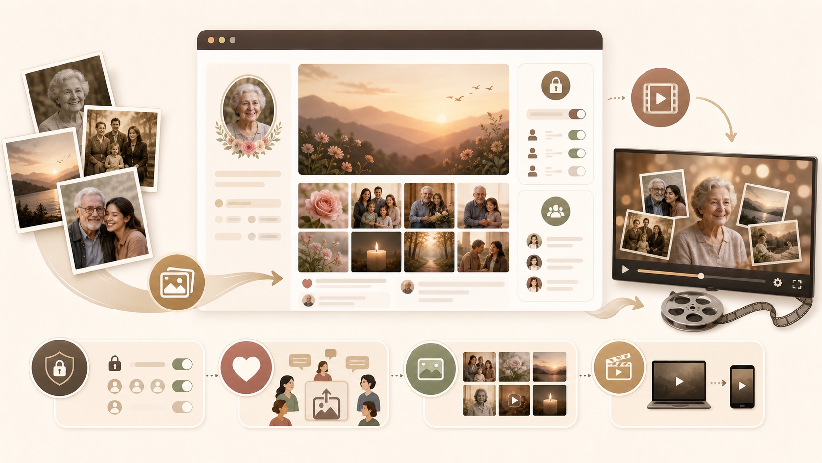 Memorial-first workflow showing photos becoming an online memorial page with privacy controls, family tributes, and a funeral slideshow