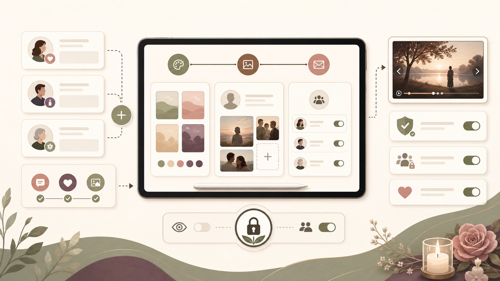 Guided memorial setup showing theme selection, photo and story upload, invitation controls, privacy toggles, moderation, and slideshow preview